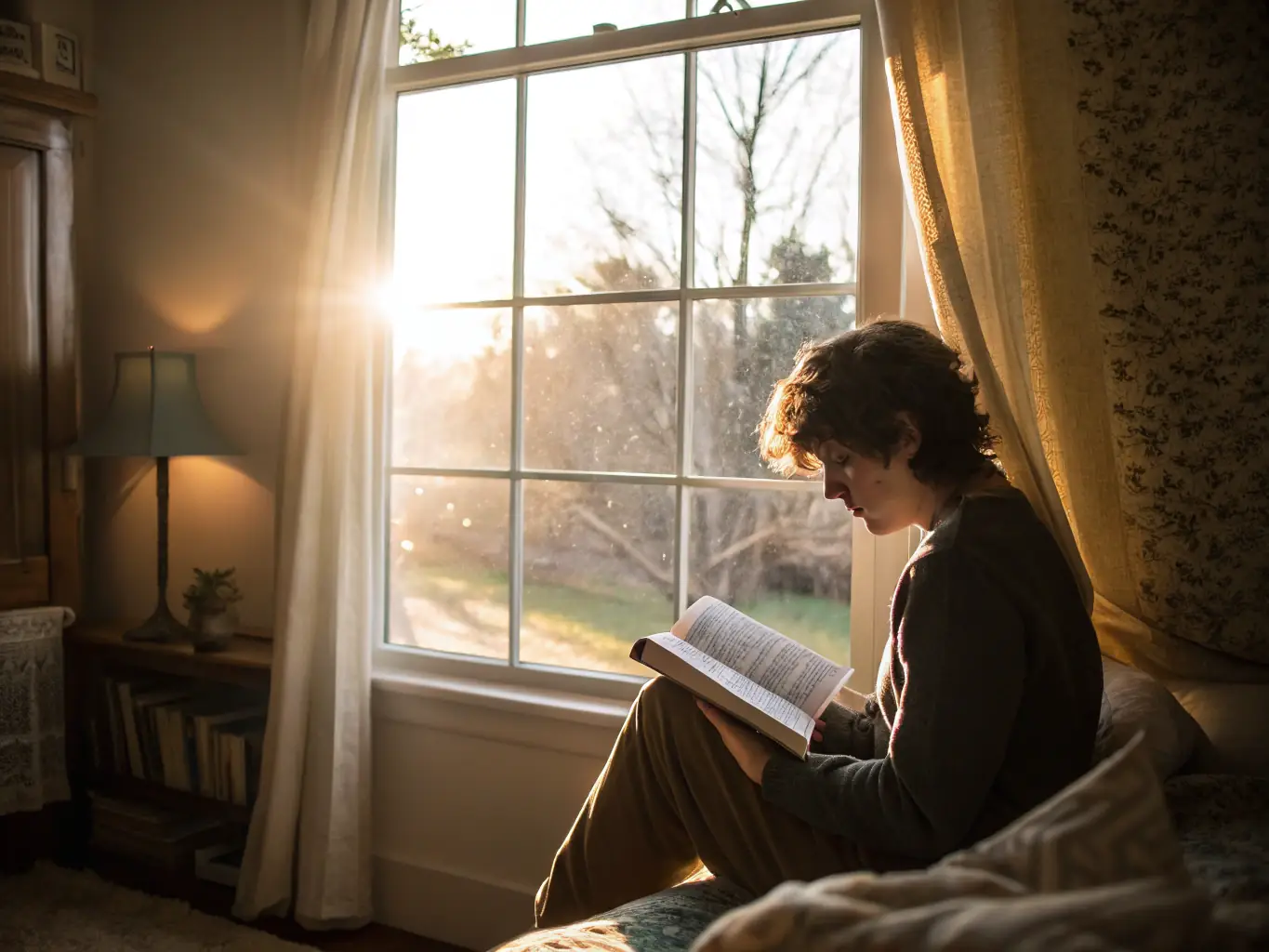 A serene image of a person studying the Bible with sunlight streaming through a window, symbolizing spiritual enlightenment and theological study.